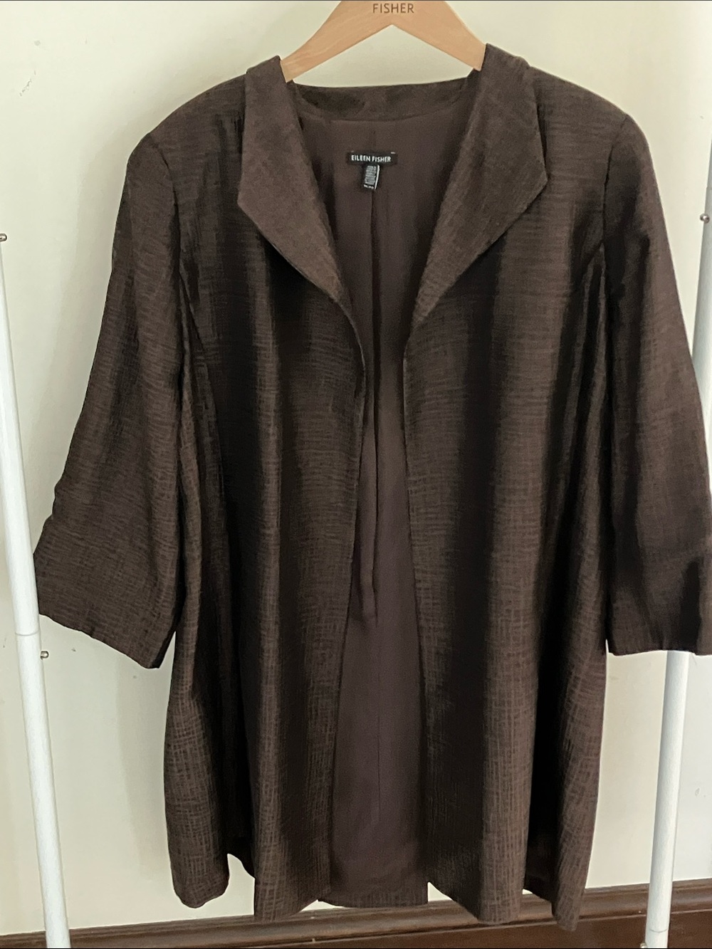 Silk Eileen Fisher Dark Brown Elegant Open-Front Jacket - Picture 3 of 9